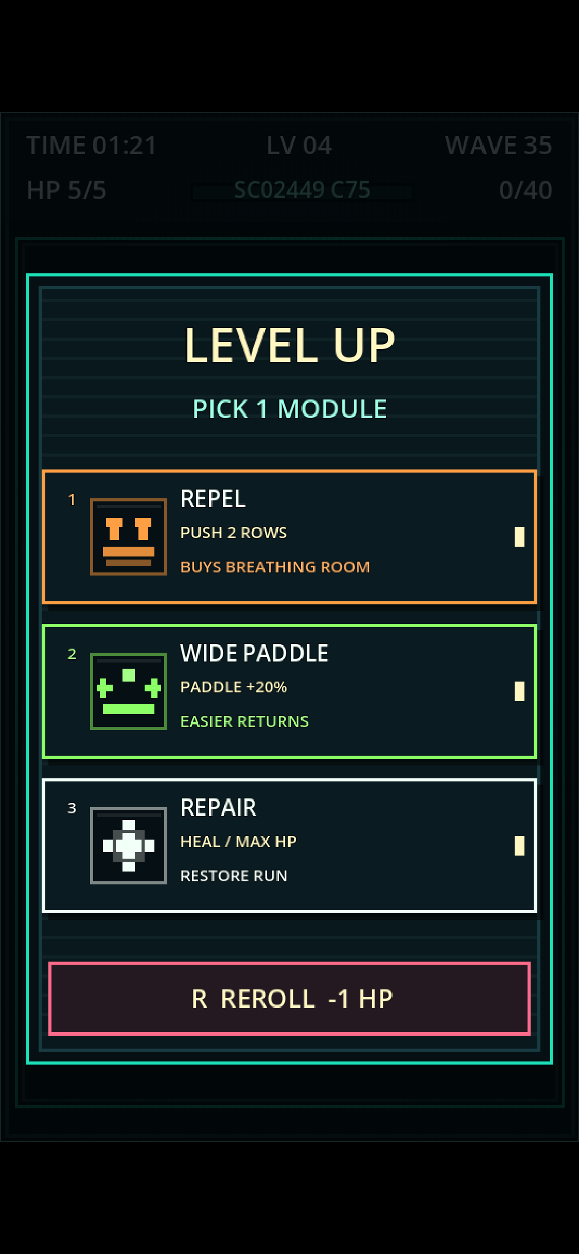 BLOCK SURVIVOR level up module selection screenshot